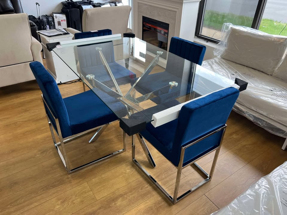 Glass Top And Chrome Steel Base Dining Table With Velvet Dinning Chairs