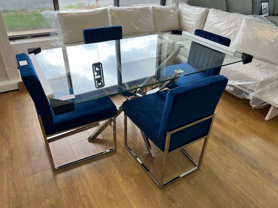 Glass Top And Chrome Steel Base Dining Table With Velvet Dinning Chairs