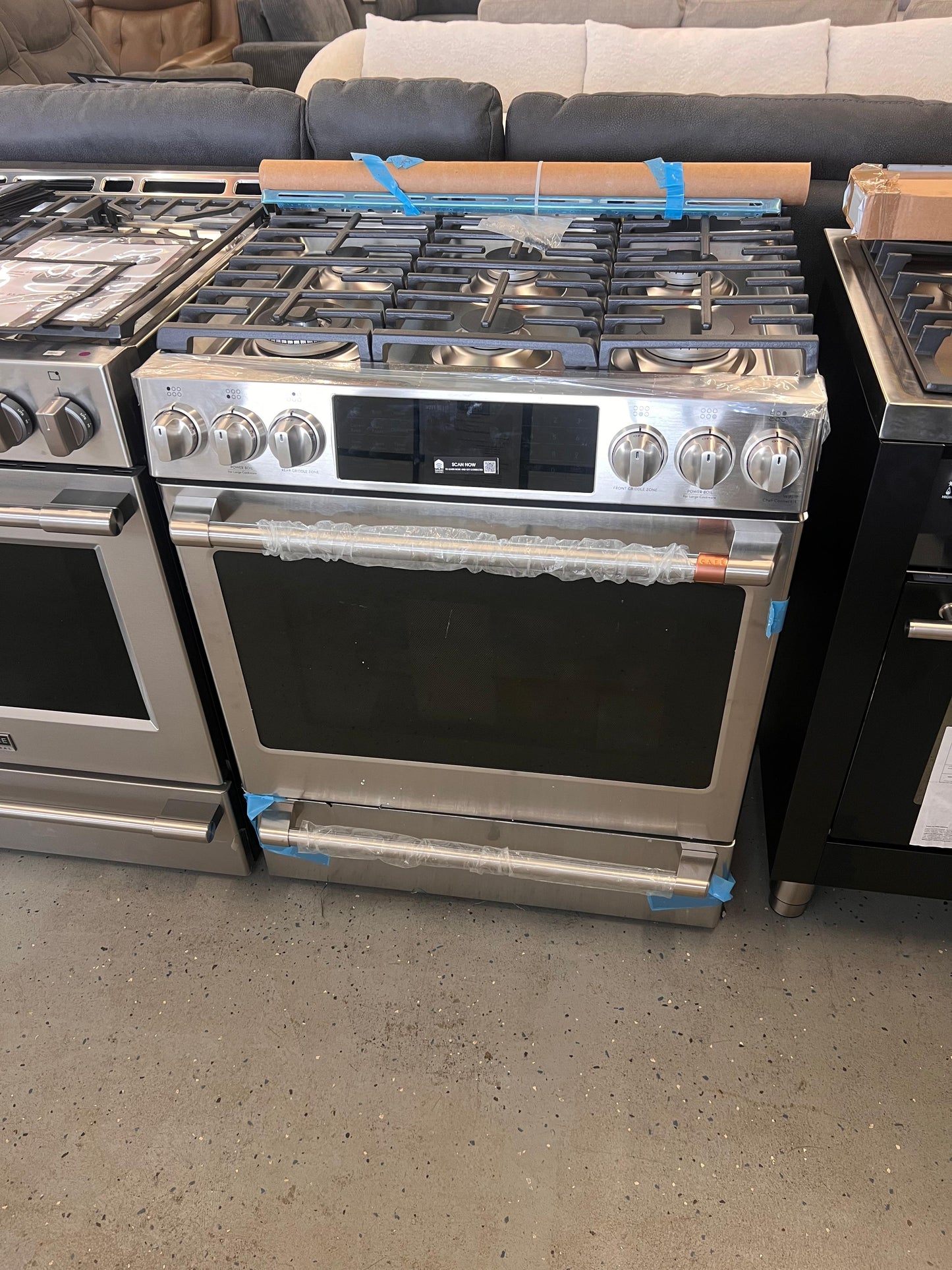 Cafe - CGS700P2MS1 - 30 Inch Slide-In Gas Smart Range with 6 Sealed Burners, 5.6 Cu. Ft. Oven Capacity, Storage Drawer, Continuous Grates, Self-Clean, Steam Clean Option, Air Fry, Chef Connect, 21K Triple Ring Burner, Enhanced Shabbos Mode Capable