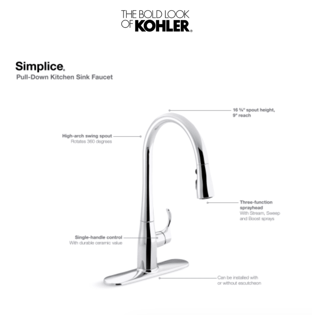 Kohler Simplice 1.5 GPM Single Hole Pull Down Kitchen Faucet
