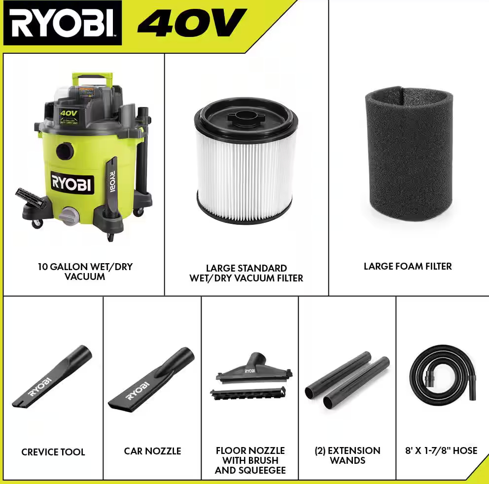 Ryobi 40V 10 Gal. Cordless Wet/Dry Vacuum (Tool Only)