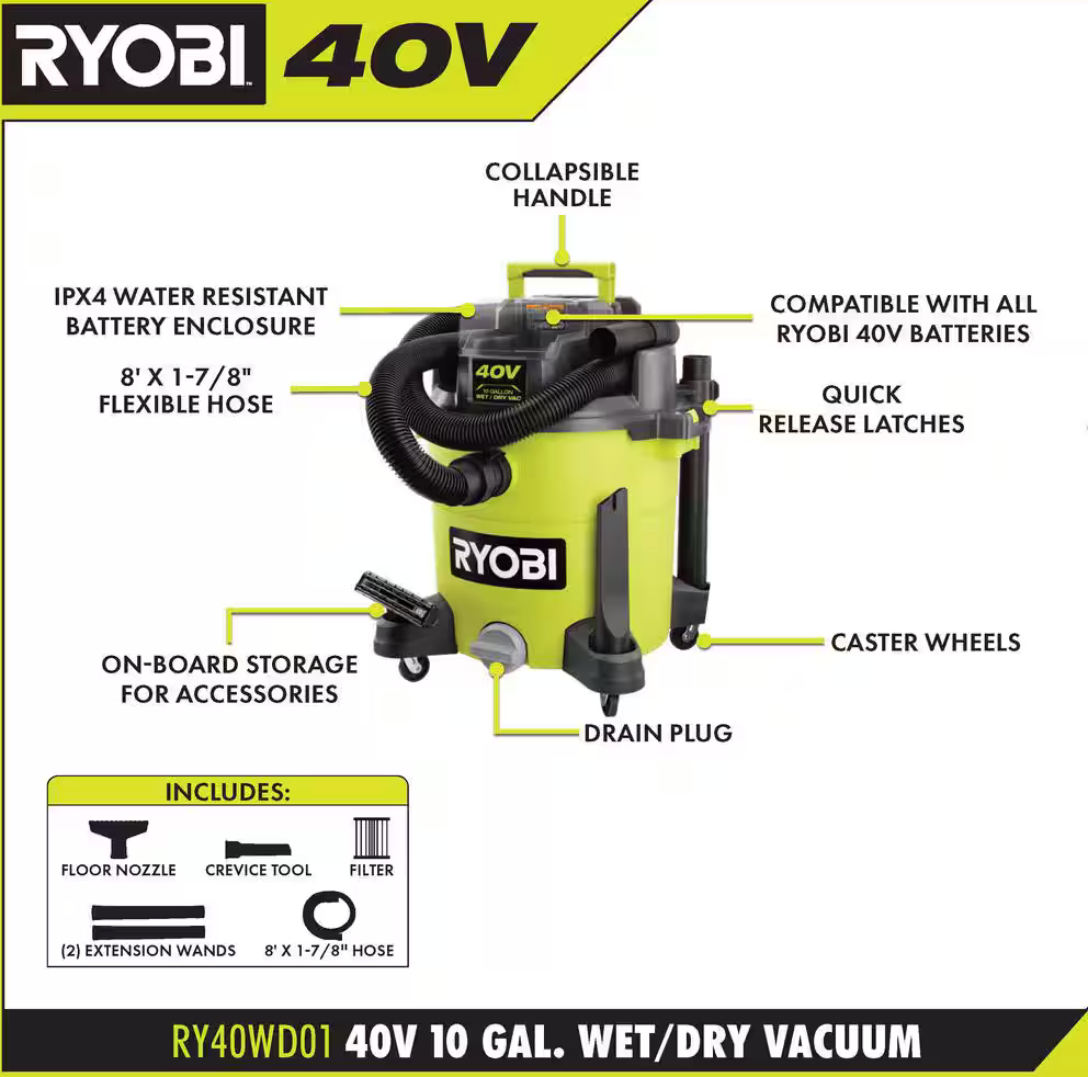 Ryobi 40V 10 Gal. Cordless Wet/Dry Vacuum (Tool Only)