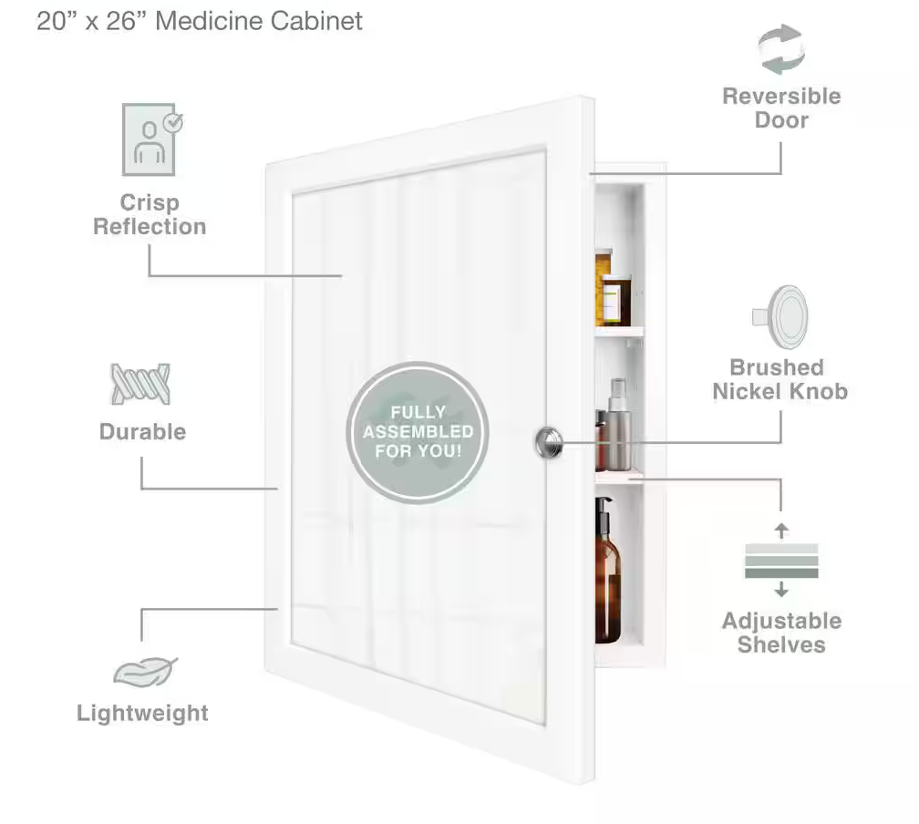 Glacier Bay 20 in. W x 26 in. H Rectangular Framed Recessed or Surface-Mount Bathroom Medicine Cabinet with Mirror, White