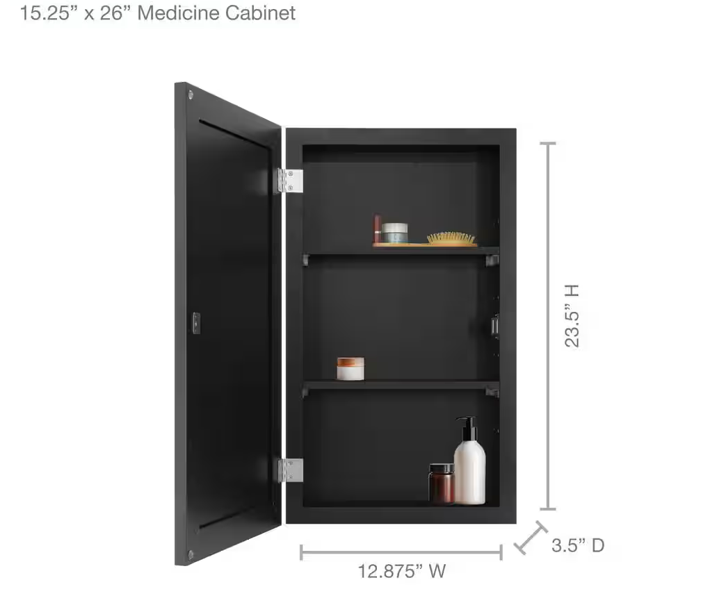 Glacier Bay 15-1/4 in. W x 26 in. H Rectangular Framed Recessed or Surface-Mount Bathroom Medicine Cabinet with Mirror, Black