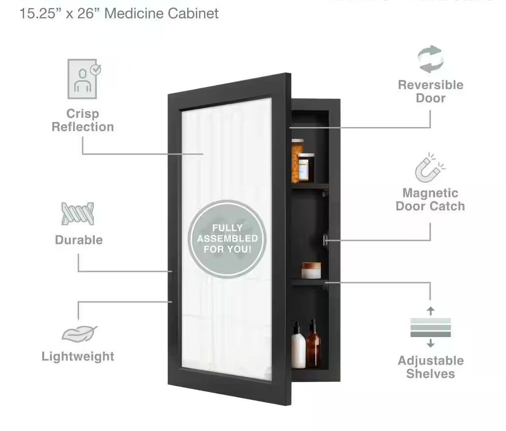 Glacier Bay 15-1/4 in. W x 26 in. H Rectangular Framed Recessed or Surface-Mount Bathroom Medicine Cabinet with Mirror, Black