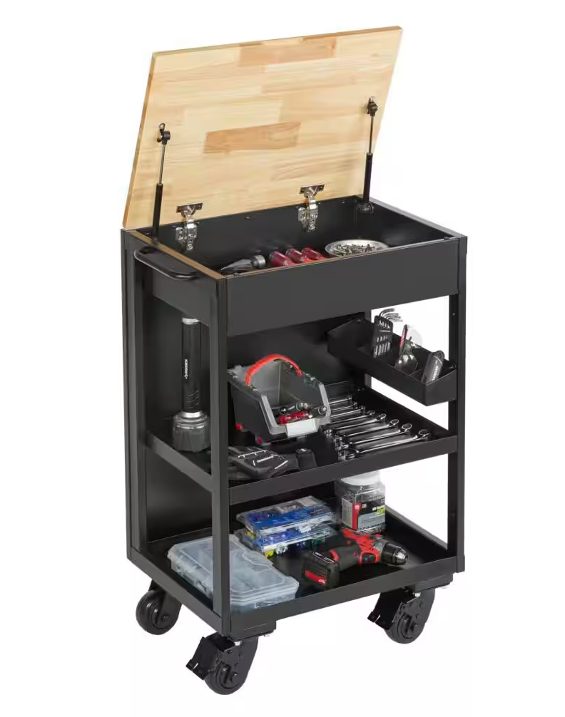 Husky Heavy Duty Welded Utility Cart with Wooden Top in Black