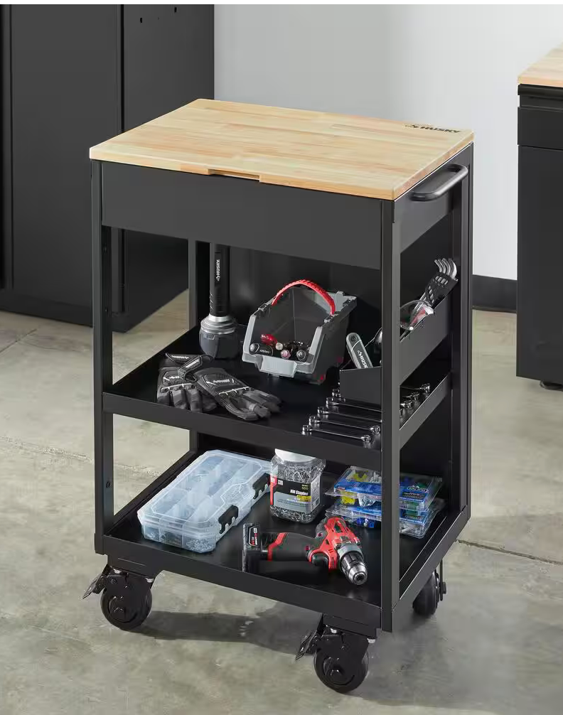 Husky Heavy Duty Welded Utility Cart with Wooden Top in Black