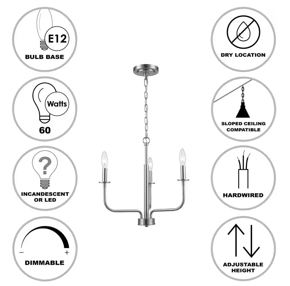 Bel Air Lighting Tennyson 3-Light Brushed Nickel Candle Chandelier