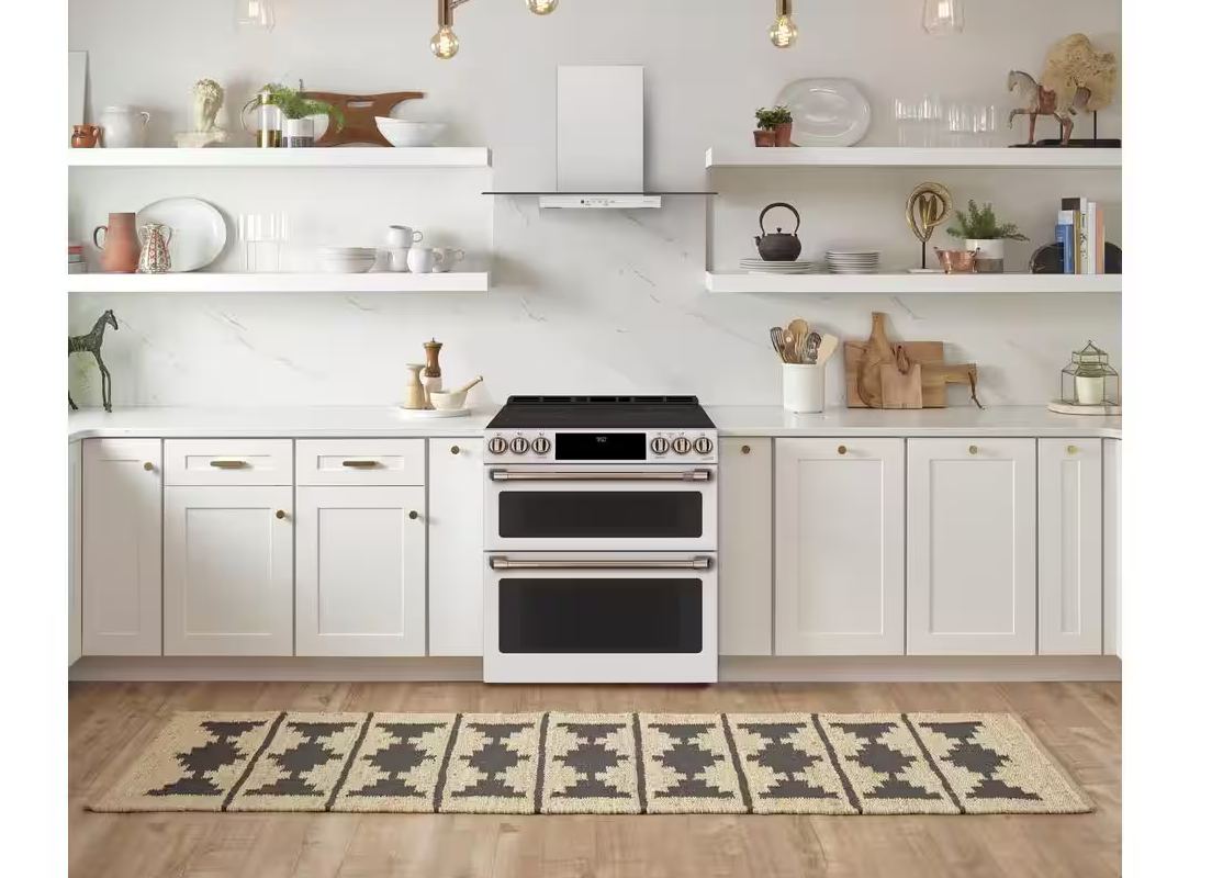 Cafe Model# CHS950P4MW2 30 in. 4 Burner Element Smart Slide-In Double Oven Induction Range with Convection in Matte White, Fingerprint Resistant