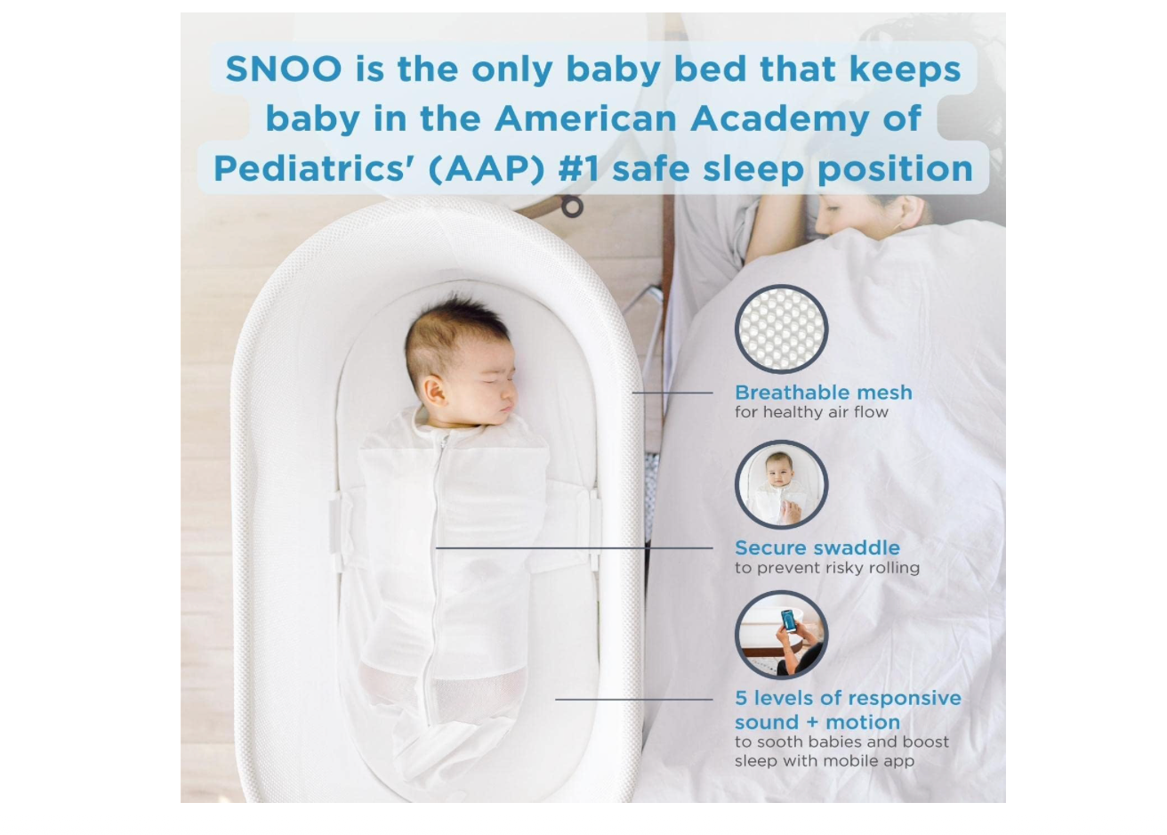 SNOO Smart Sleeper Baby Bassinet - Bedside Crib with Automatic Rocking Motions and Soothing White Noise