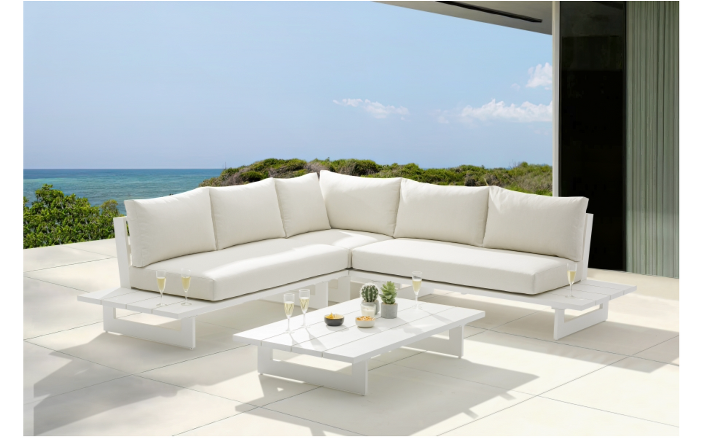 Meridian 337Cream-Sectional Maldives 102" Water Resistant Fabric Upholstered Outdoor Patio Modular Sectional