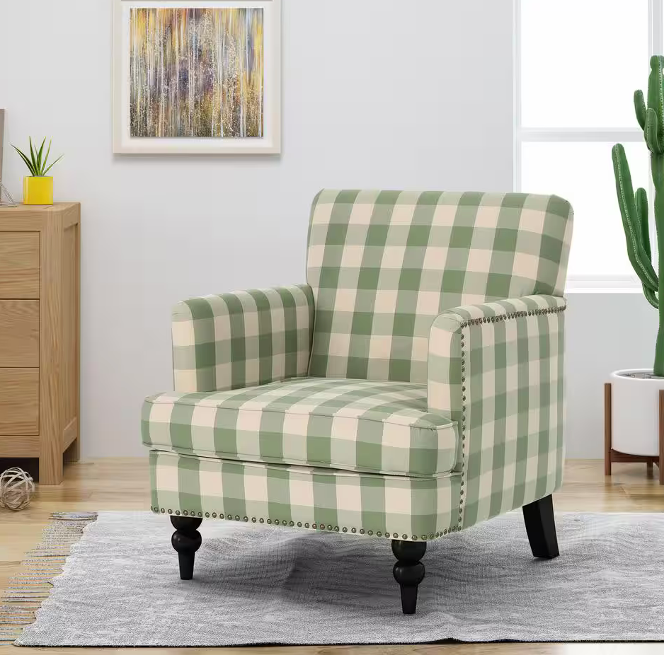 Noble House Harrison Green/White Polyester Club Chair with Nailhead Trim.