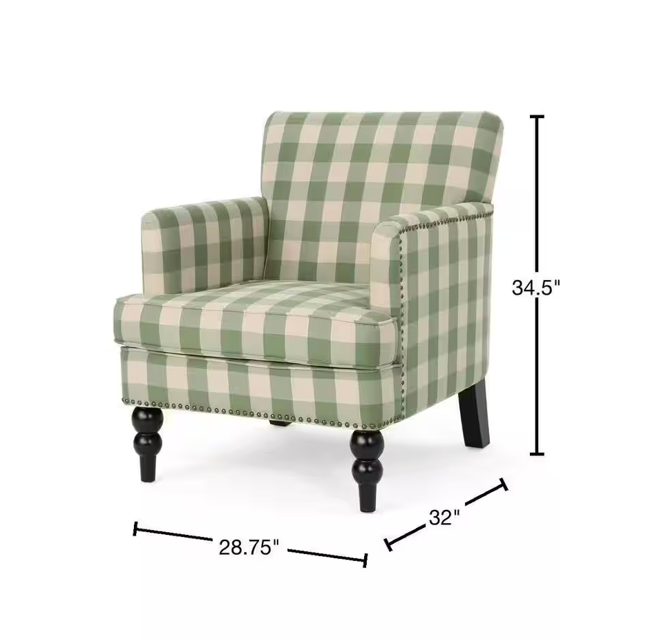 Noble House Harrison Green/White Polyester Club Chair with Nailhead Trim.