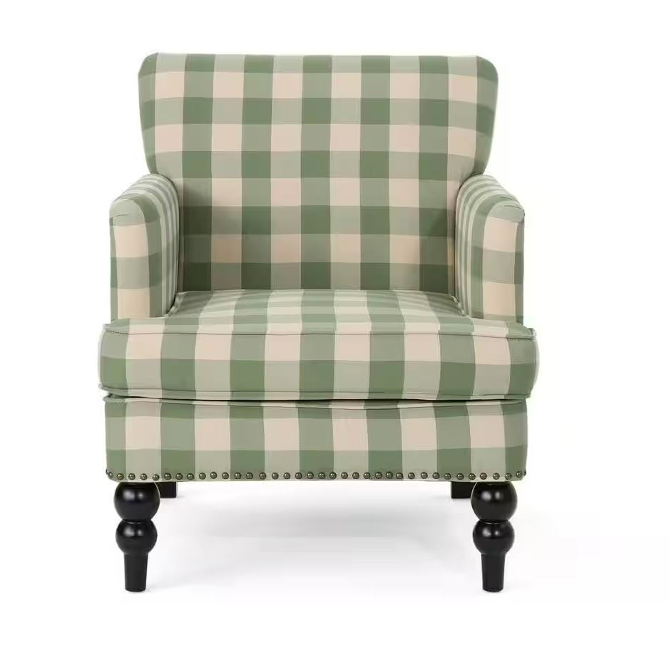 Noble House Harrison Green/White Polyester Club Chair with Nailhead Trim.