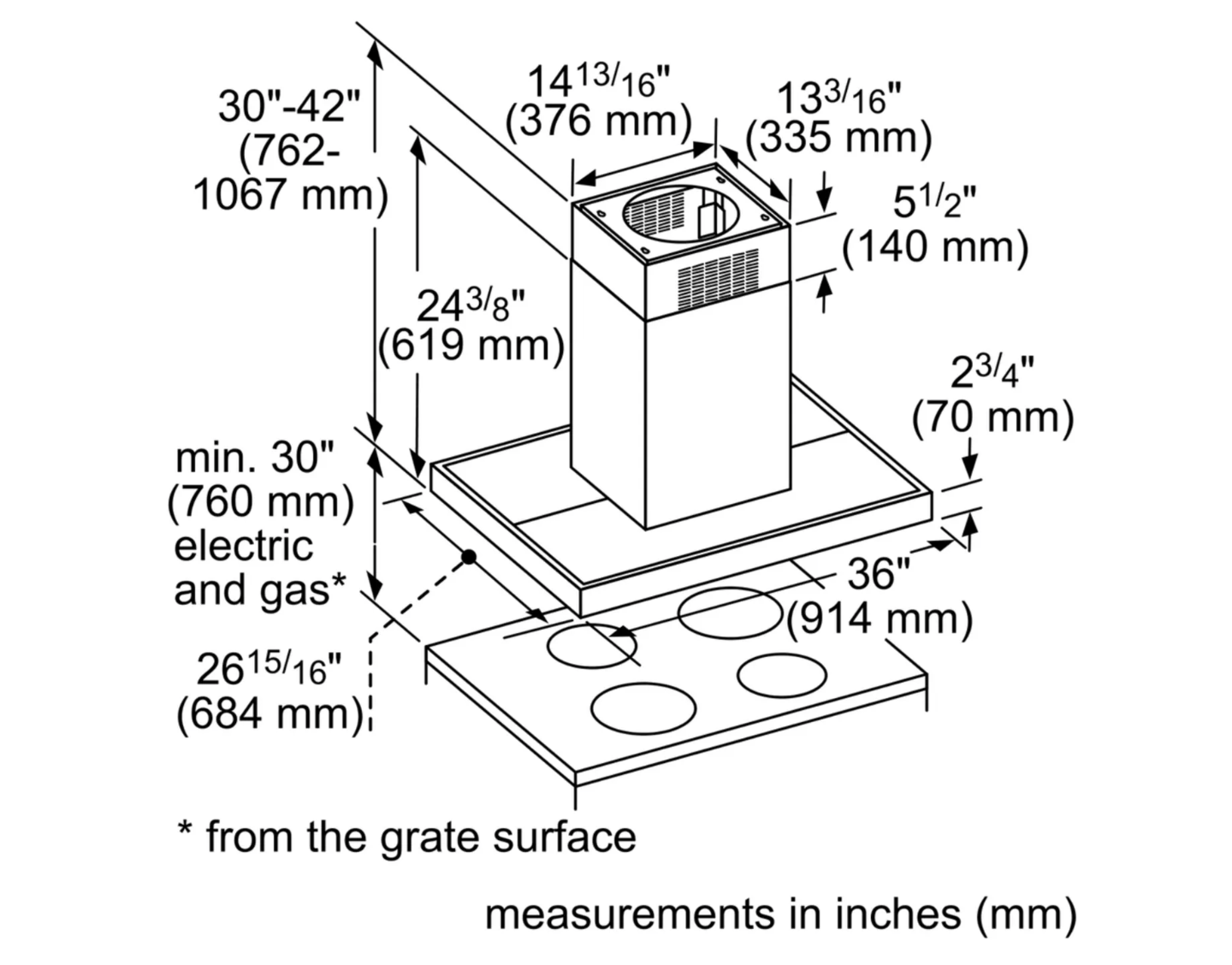 Thermador Island Mount Convertible Hood with 600 CFM: Stainless Steel, 36 Inch Model:HMIB36WS