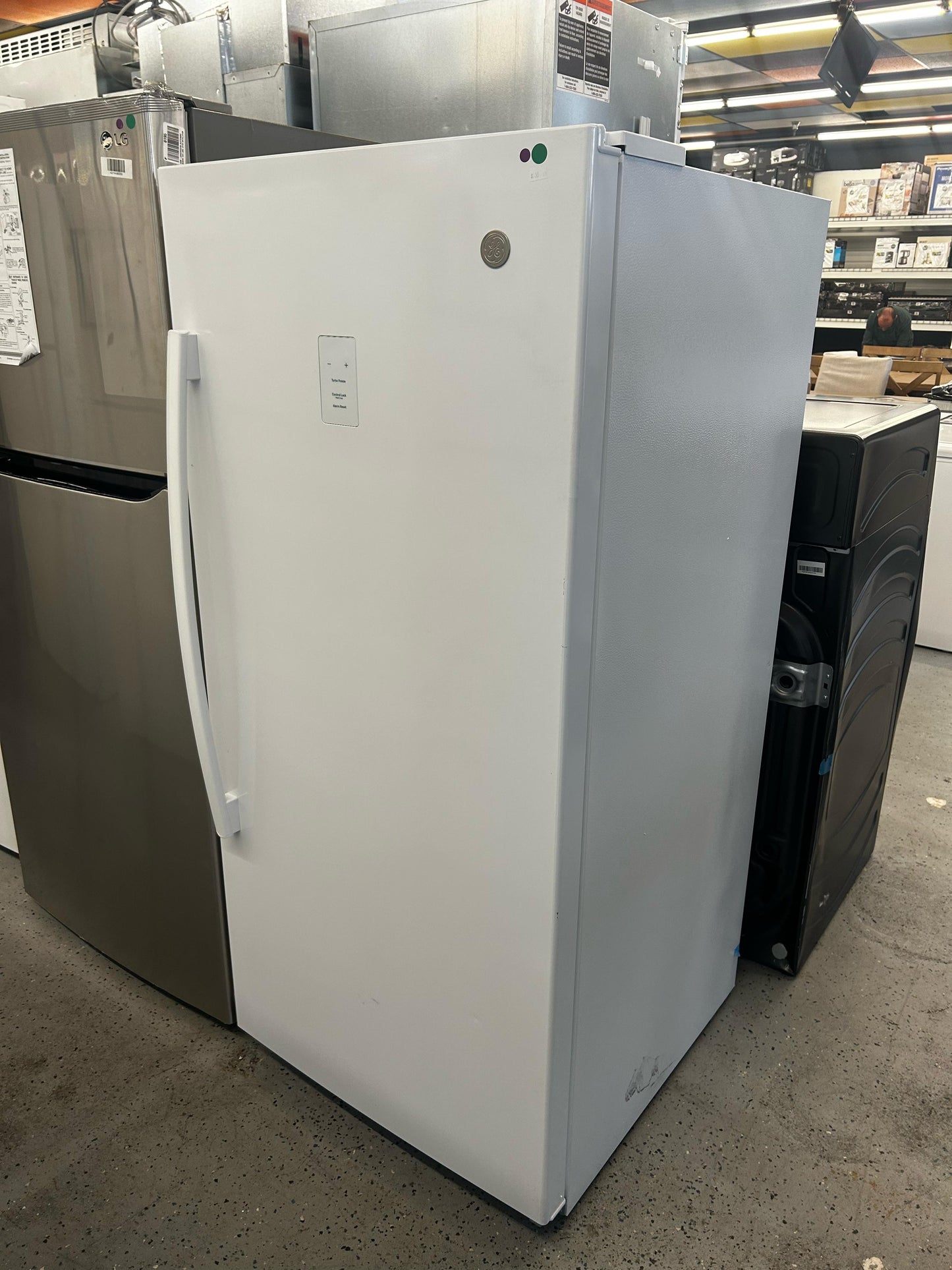 GE -FUF14DLRWW- 28 in. 14.1 cu. ft. Garage-Ready Upright Freezer with Adjustable Shelves - White