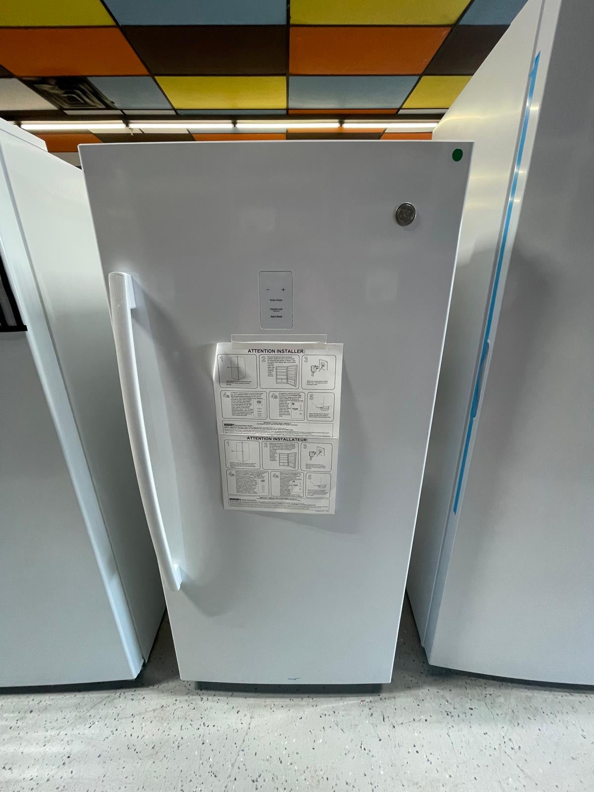 GE - FUF14SMRWW - 28 Inch Freestanding Upright Freezer with 14.1 cu. ft. Capacity, Turbo Freeze, Lock and Key, Audible Temperature Alarm, Electronic Temperature Control, Garage Ready and LED Interior Lighting