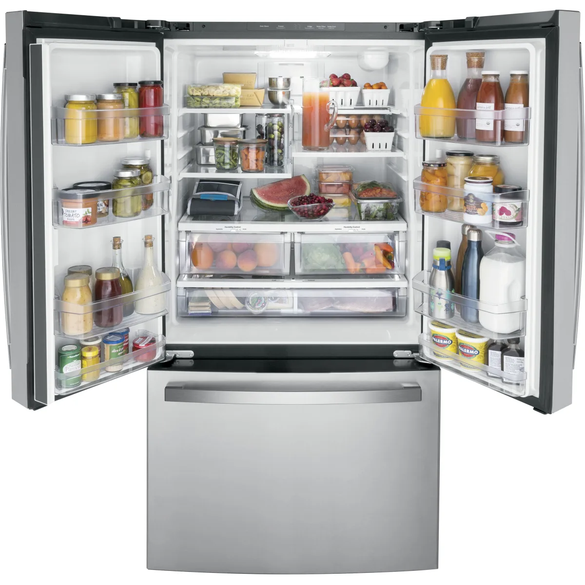 GE - GWE22JYMFS - 36 Inch Counter-Depth French Door Refrigerator with 21.9 Cu. Ft. Capacity, Spill Proof Glass Shelves, Deli Drawer, Humidity-Controlled Crispers, Door Alarm, Internal Water Dispenser, Enhanced Shabbos Mode