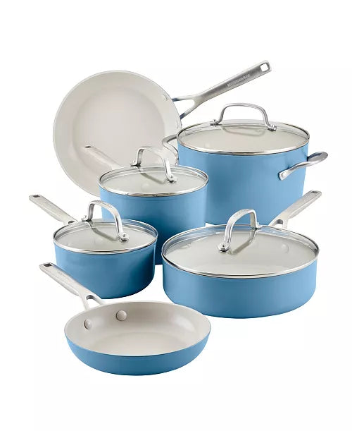 KitchenAid Anodized Ceramic Nonstick 9-Piece Aluminum Nonstick Cookware Set in Blue Velvet
