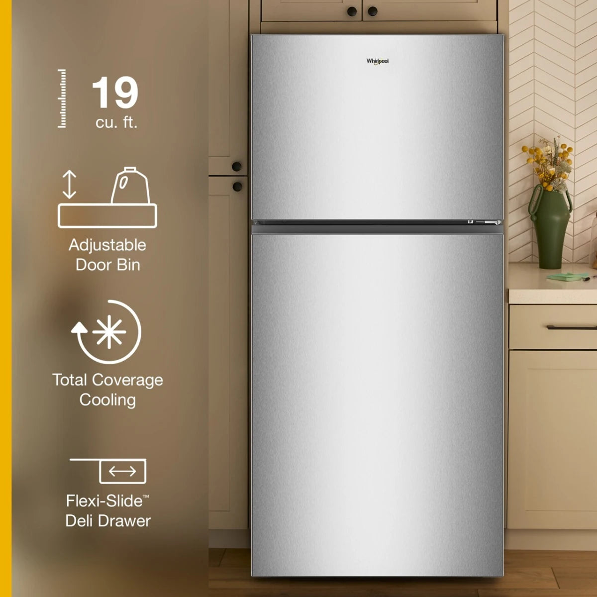 Whirlpool - WRTX3119SZ - 30 Inch Top Freezer Refrigerator with 19.3 Cu. Ft. Capacity, Adjustable Shelves, FreshSpace™ Crispers, Flexi-slide™ Deli Drawer, Garage Ready, Dairy Bin, Electronic Temperature Controls and ADA Compliant: Stainless Steel