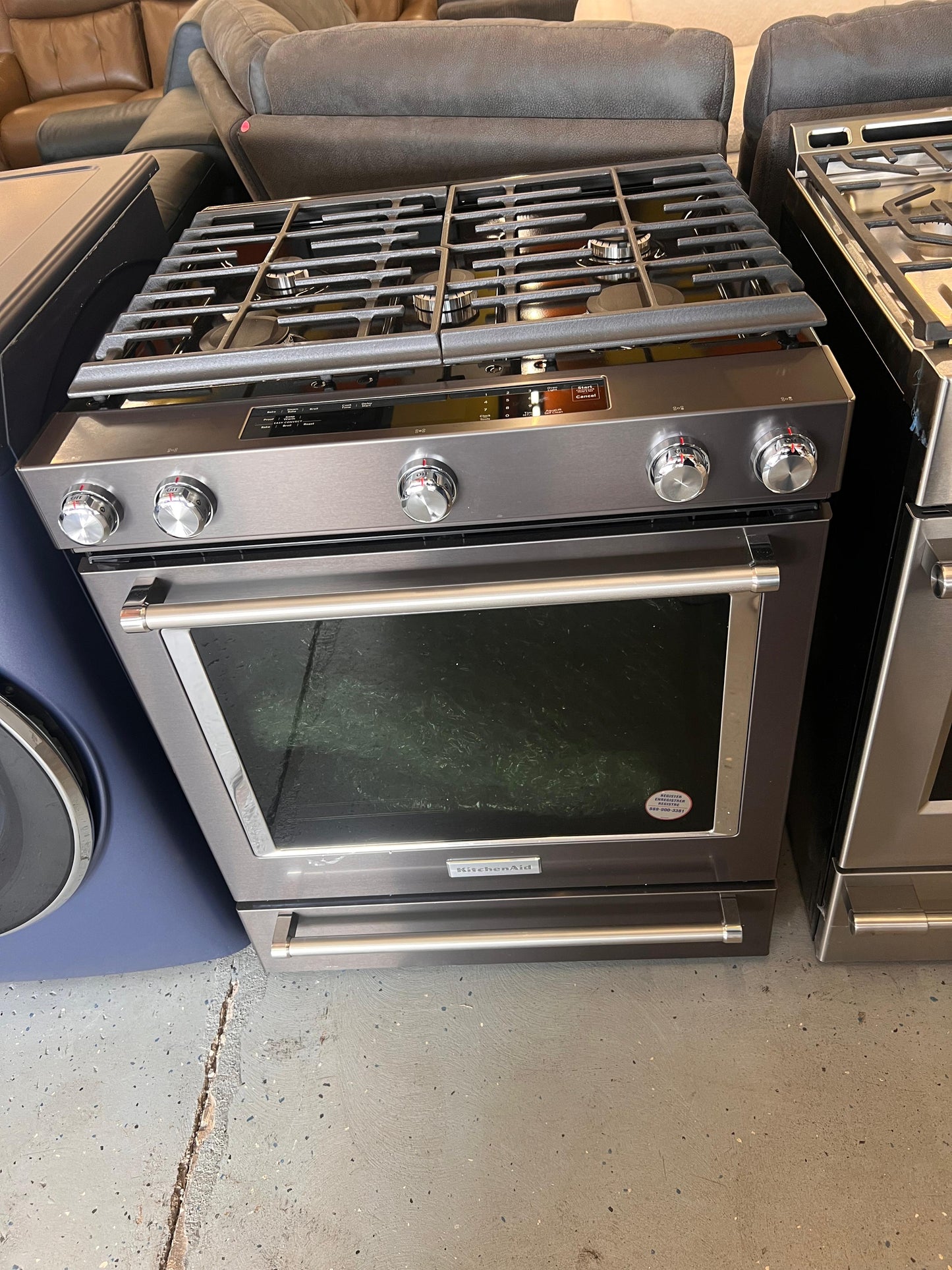 KitchenAid - KSGG700EBS - 30 Inch Slide-In Gas Range with 5 Sealed Burners, 5.8 cu ft. Even-Heat™ True Convection Oven, 17,000 BTU Burner, Storage Drawer, Steam Rack, AquaLift® Steam Clean, ADA Compliant and Sabbath Mode