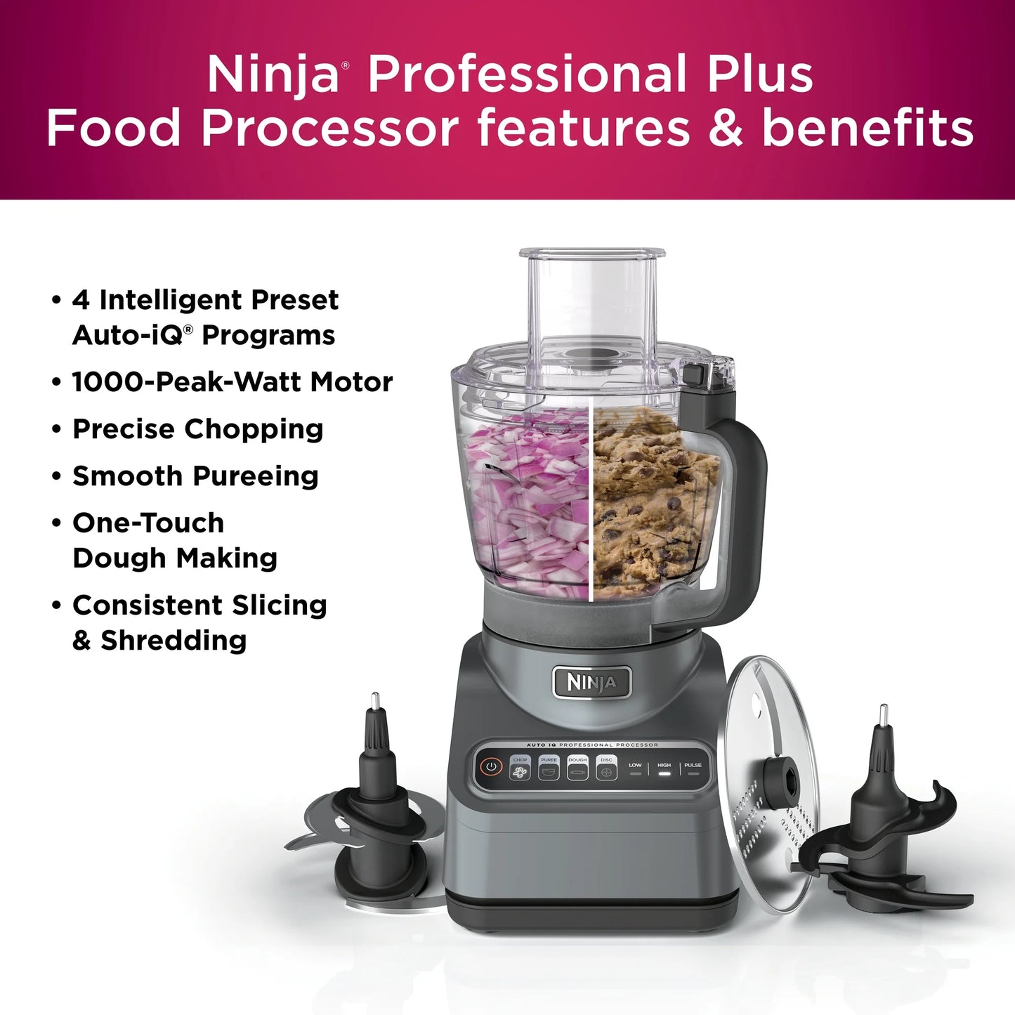 Ninja Professional - 9 Cup Food Processor, 1000 Watts, Auto-iQ 4 Presets, BN601 Silver