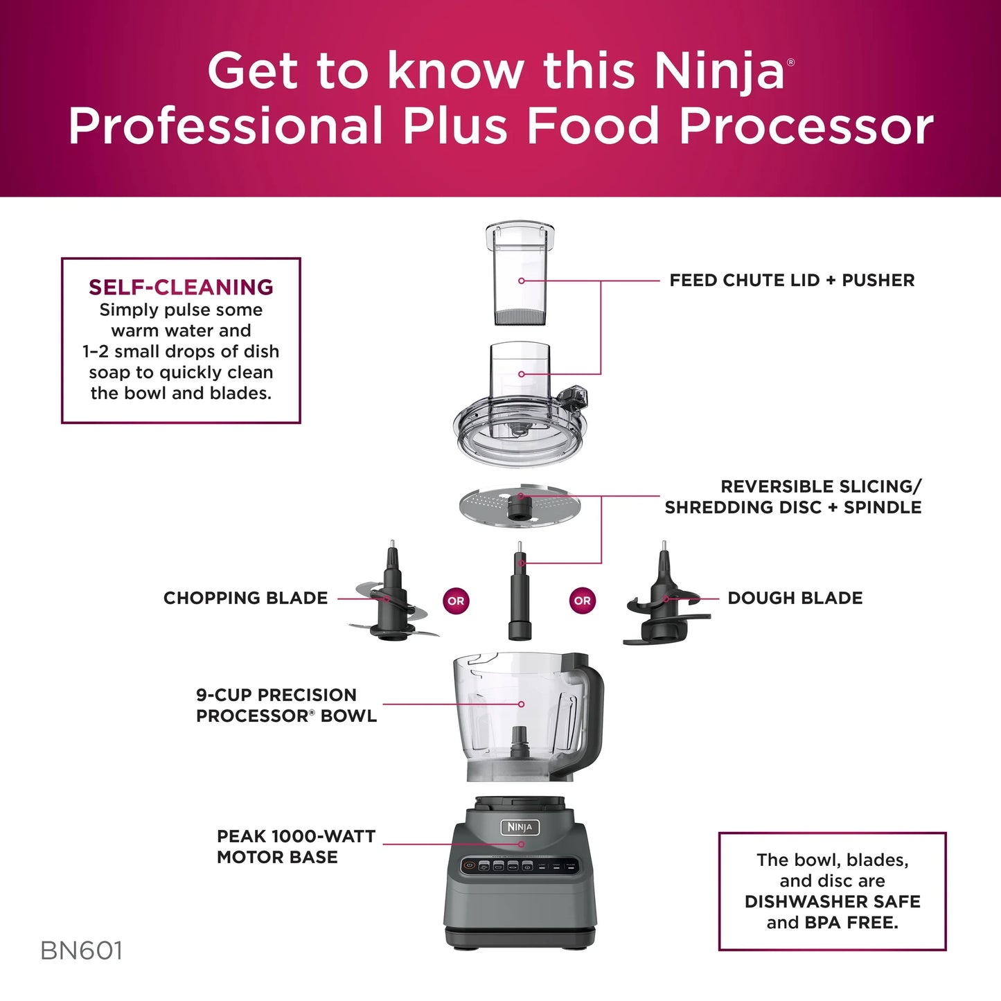 Ninja Professional - 9 Cup Food Processor, 1000 Watts, Auto-iQ 4 Presets, BN601 Silver