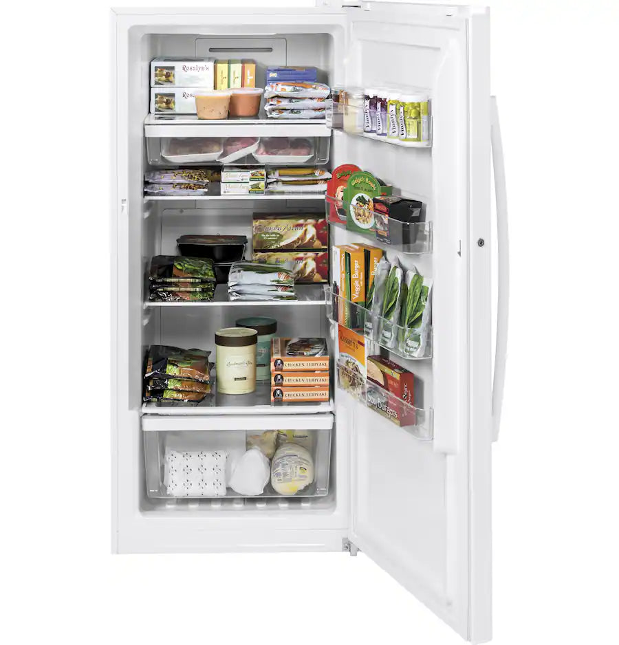 GE -FUF14DLRWW- 28 in. 14.1 cu. ft. Garage-Ready Upright Freezer with Adjustable Shelves - White