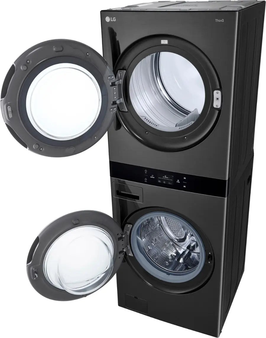 LG - WKEX200HBA - 5.0 Cu. Ft. HE Smart Front Load Washer and 7.4 Cu. Ft. Electric Dryer WashTower with Steam and Center Control - Black Steel