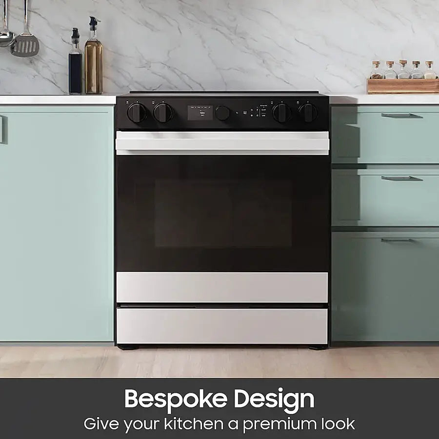 Samsung -NSE6DB870012AA- Bespoke 6.3 Cu. Ft. Slide-In Electric Range with Smart Oven Camera - White Glass