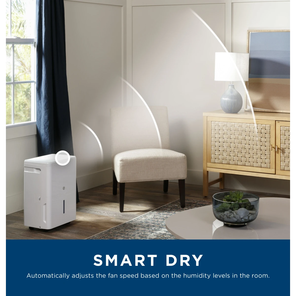 GE - ADHE50WWF - 50 Pint Capacity Portable Smart Dehumidifier with Three Fan Speeds, Digital LED Controls, WiFi, Smart Dry, Auto Restart, Auto Defrost, and Continuous Drain Option