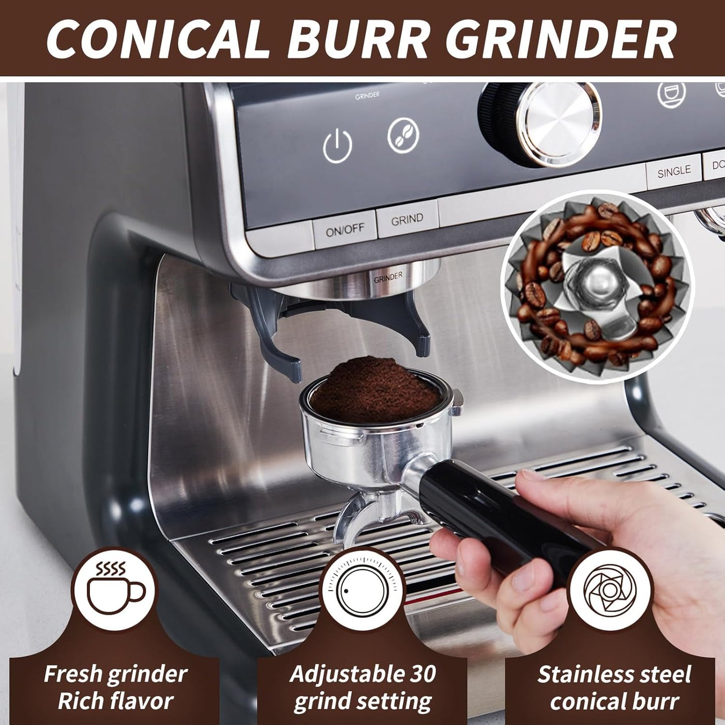 CuisinAid - Espresso Machine with Grinder, Professional Espresso Maker with Milk Frother Steam Wand, 20 Bar Barista Cappuccino Machine,1450W