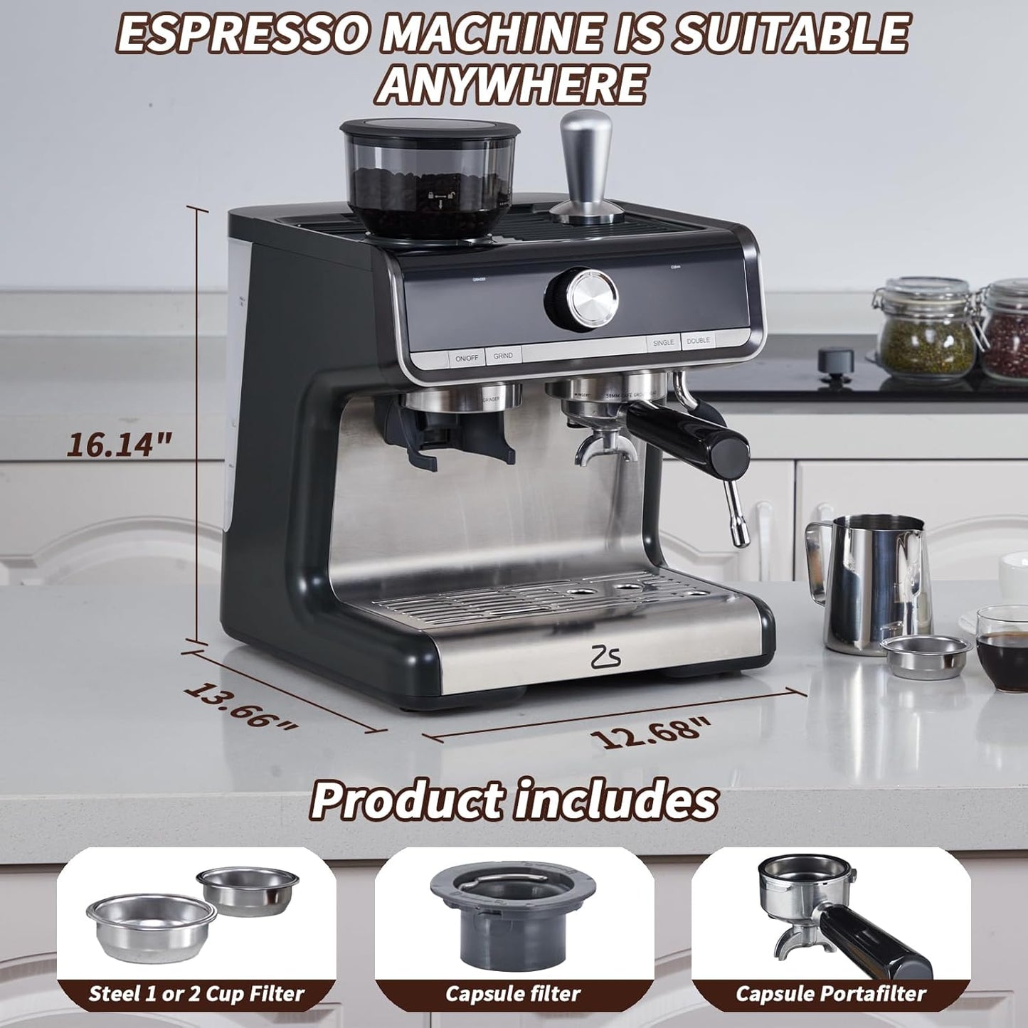CuisinAid - Espresso Machine with Grinder, Professional Espresso Maker with Milk Frother Steam Wand, 20 Bar Barista Cappuccino Machine,1450W