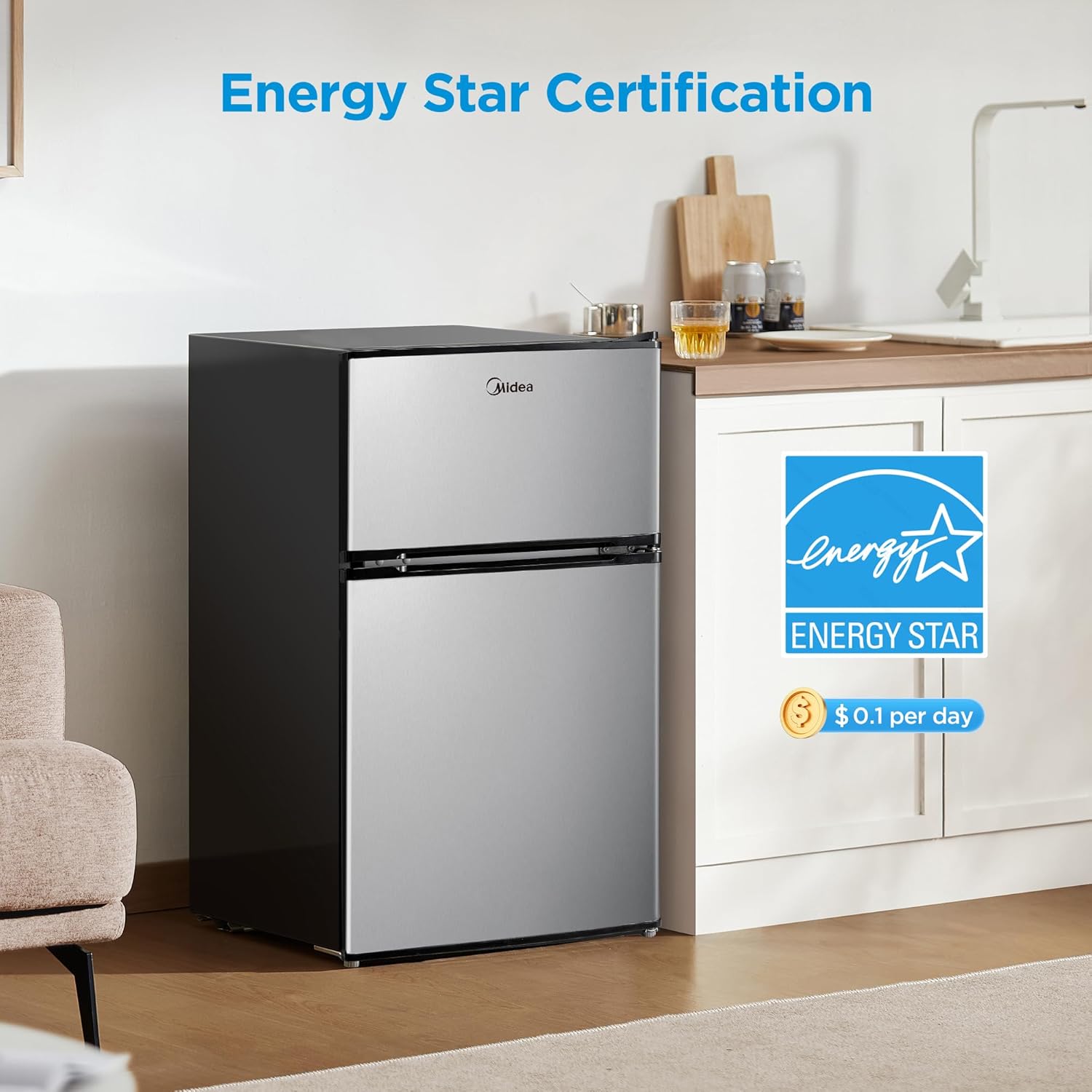 Midea 3.1 cu. ft. Double Door Compact Fridge - Stainless Steel
