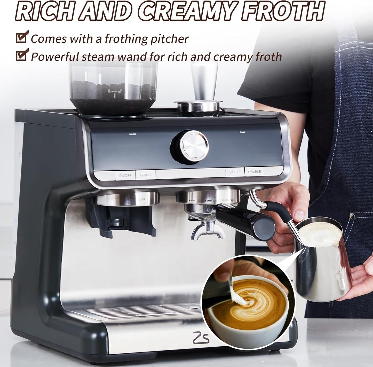 CuisinAid - Espresso Machine with Grinder, Professional Espresso Maker with Milk Frother Steam Wand, 20 Bar Barista Cappuccino Machine,1450W
