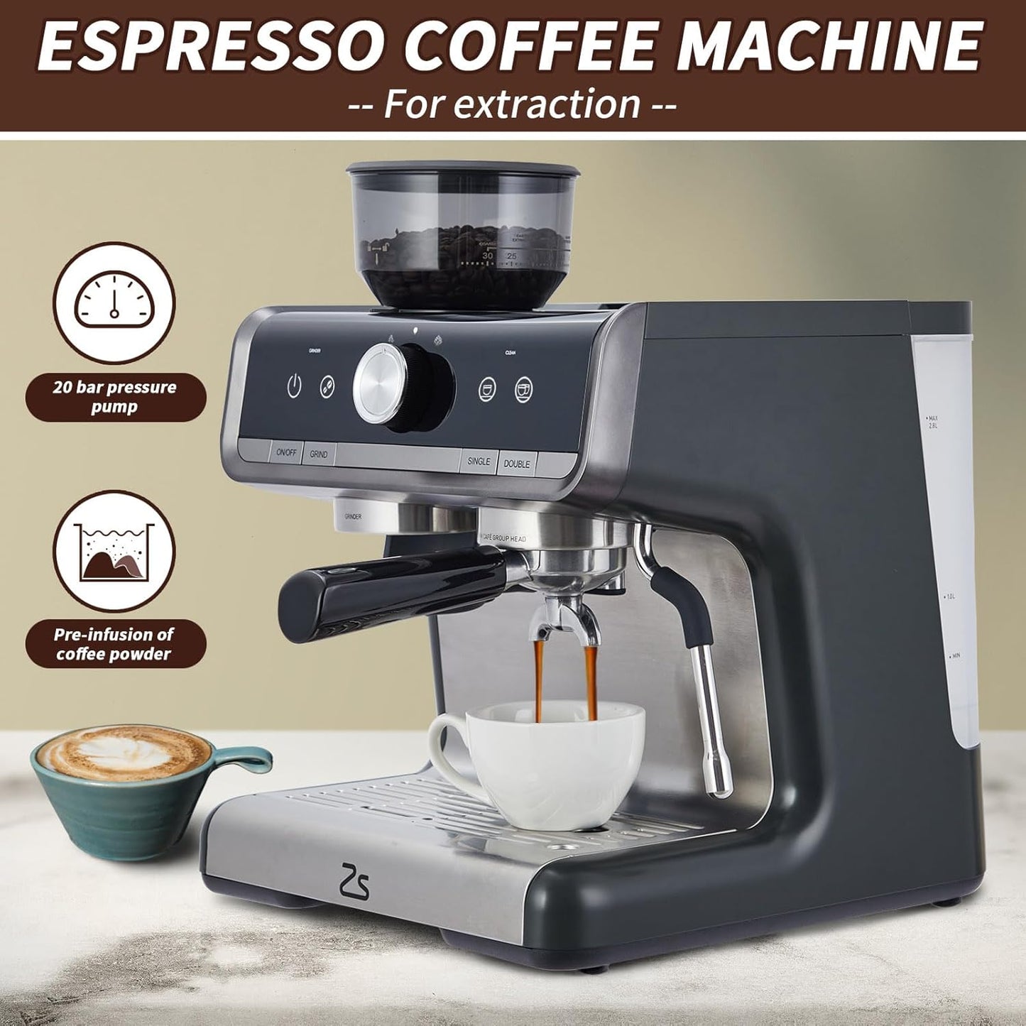 CuisinAid - Espresso Machine with Grinder, Professional Espresso Maker with Milk Frother Steam Wand, 20 Bar Barista Cappuccino Machine,1450W