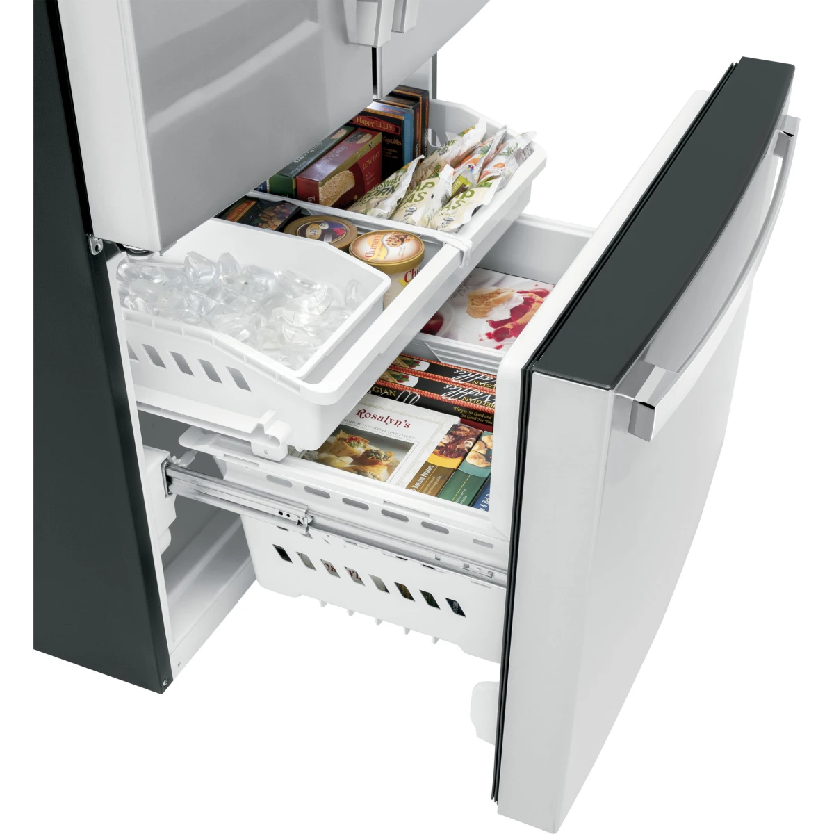 GE - GWE22JYMFS - 36 Inch Counter-Depth French Door Refrigerator with 21.9 Cu. Ft. Capacity, Spill Proof Glass Shelves, Deli Drawer, Humidity-Controlled Crispers, Door Alarm, Internal Water Dispenser, Enhanced Shabbos Mode