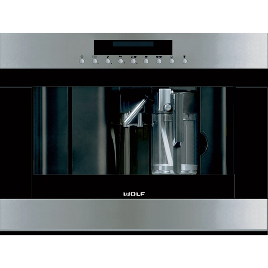 Wolf - EC24S - 24 Inch Built-in Coffee System with Adjustable Grinder, Auto On/Off, Descaling, Hot Water Dispenser, Removable Milk Carafe, Mounted Glide System and Non-Plumbed: Stainless Steel