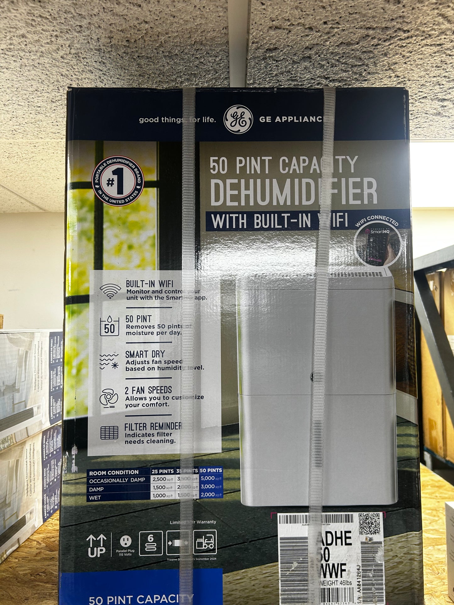 GE - ADHE50WWF - 50 Pint Capacity Portable Smart Dehumidifier with Three Fan Speeds, Digital LED Controls, WiFi, Smart Dry, Auto Restart, Auto Defrost, and Continuous Drain Option