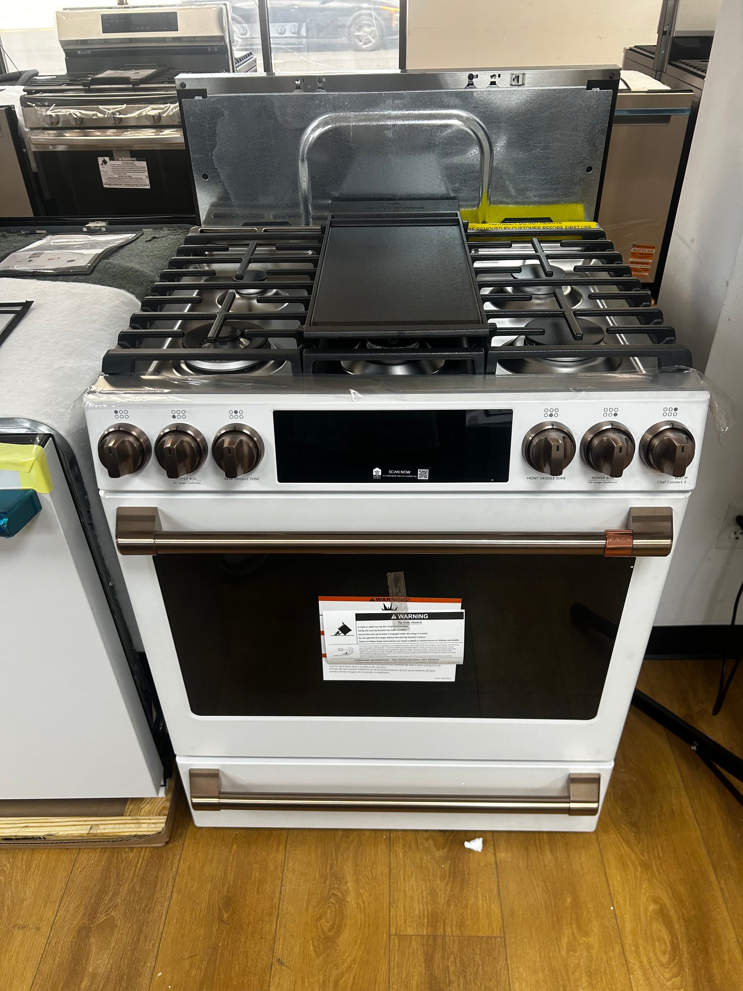 Cafe - CGS700P4MW2 - 30 Inch Slide-In Gas Smart Range with 6 Sealed Burners, 5.6 Cu. Ft. Oven Capacity, Storage Drawer, Continuous Grates, Self-Clean, Steam Clean Option, Air Fry, Chef Connect, 21K Triple Ring Burner, Enhanced Shabbos Mode Capable