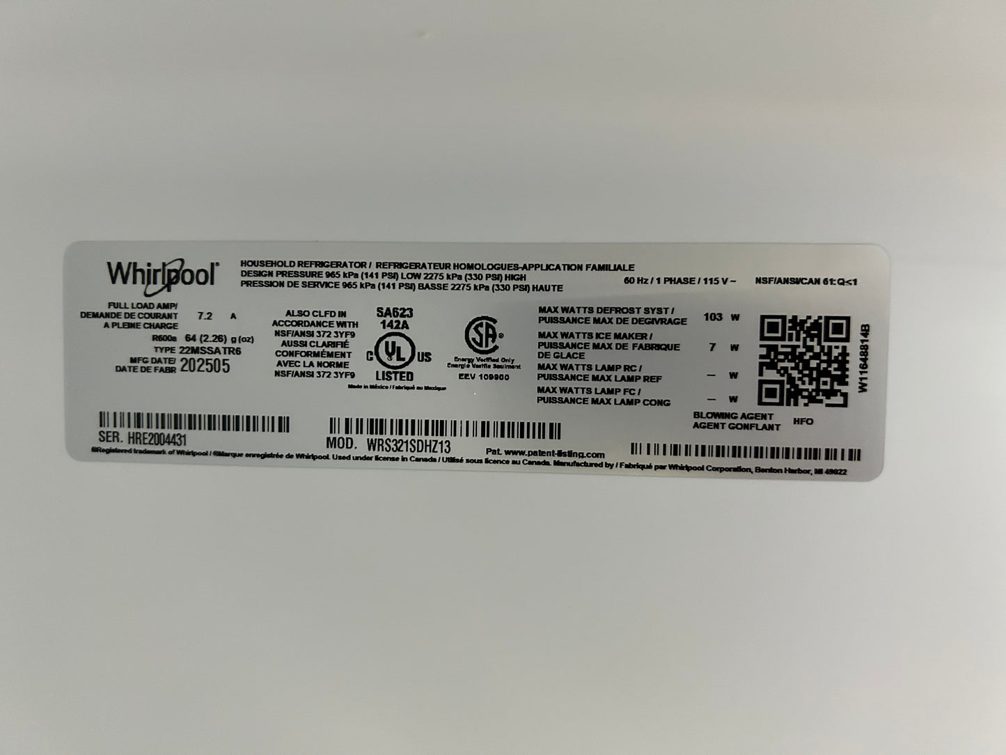 Whirlpool - WRS321SDHZ - 21.4 Cu. Ft. Side-by-Side Refrigerator - Monochromatic Stainless Steel