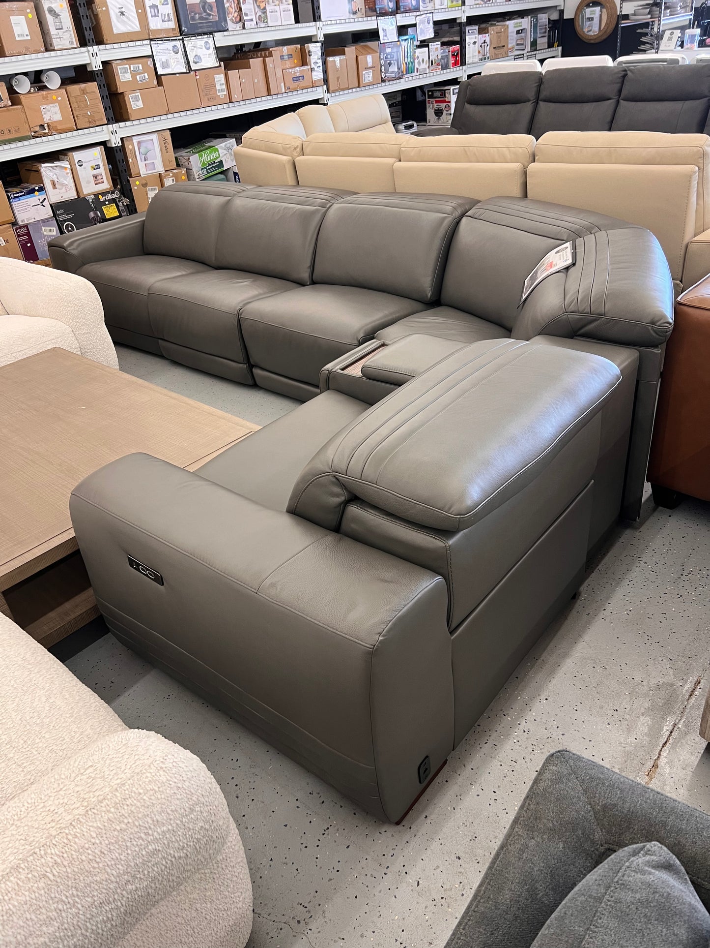 Aiden & Ivy Karson Leather Power Reclining Sectional with Power Headrests, Gray