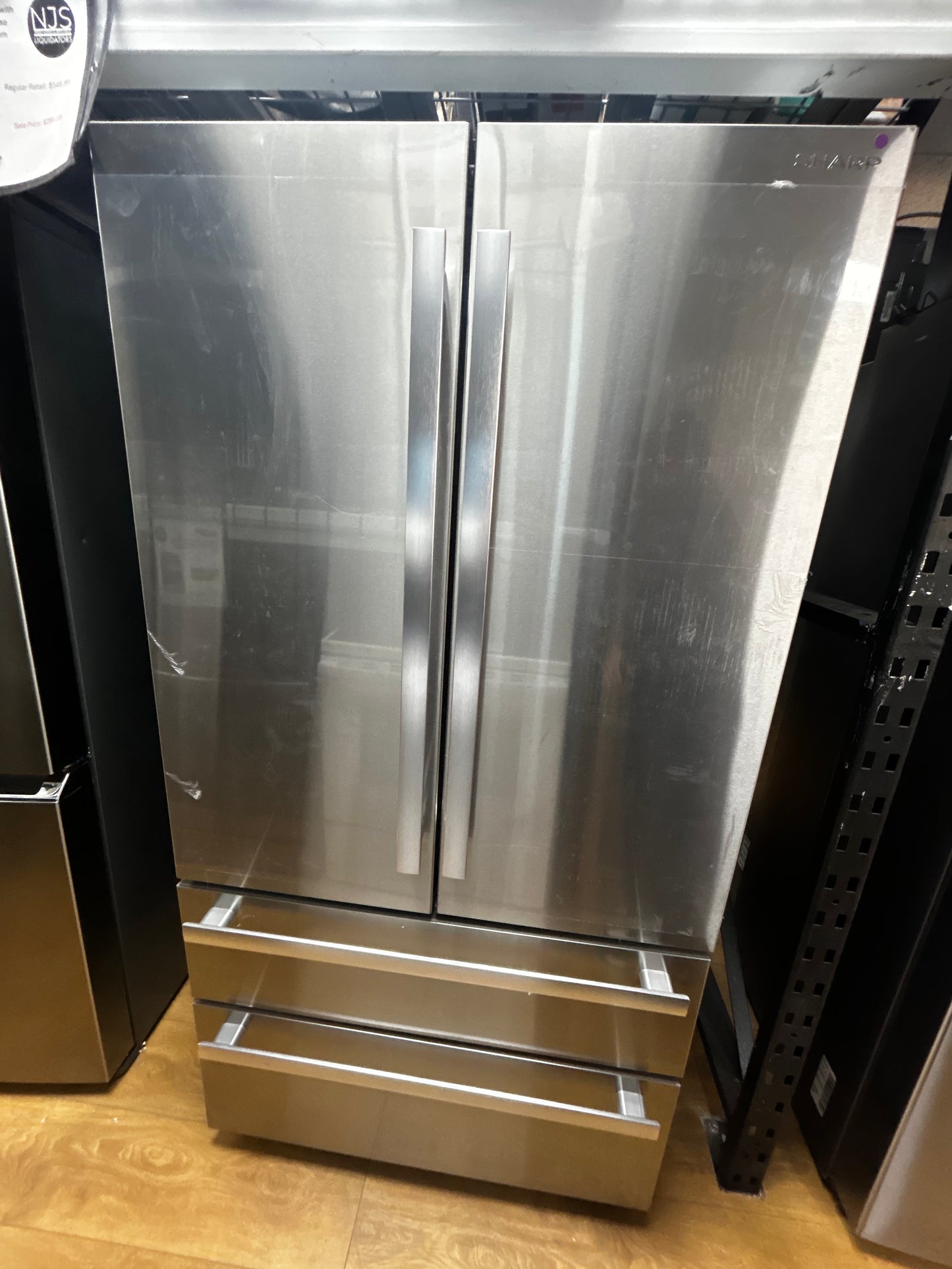 Sharp - SJG2351FS - 36 Inch French 4-Door Counter Depth Refrigerator with 22.5 Cu. Ft. Capacity, Adjustable Slide-In Shelf, Humidity-Controlled Crisper Drawers, Interior Automatic Ice Maker, NSF Certified, and Energy Star Certified