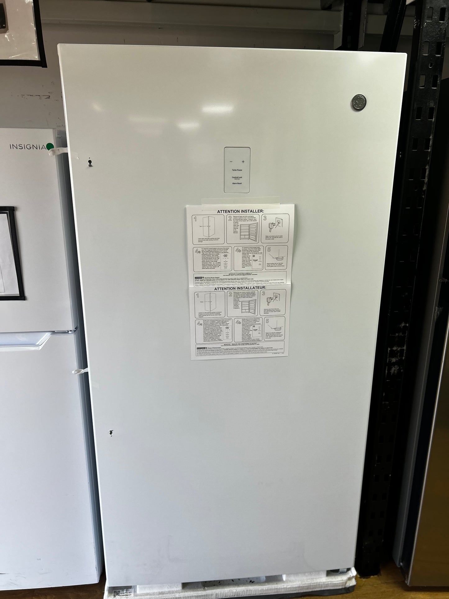 GE - FUF17DLRWW - 33 Inch Upright Freezer with Exterior Temperature Control, LED Lighting, Self-Ejecting Key, Adjustable Glass Shelves, 17.3 cu. ft. and Energy Star Rated