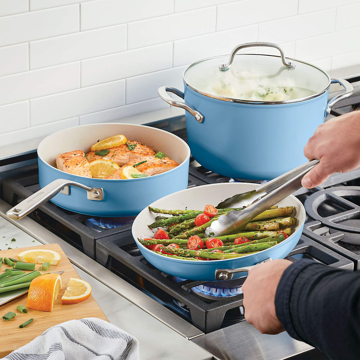KitchenAid Anodized Ceramic Nonstick 9-Piece Aluminum Nonstick Cookware Set in Blue Velvet