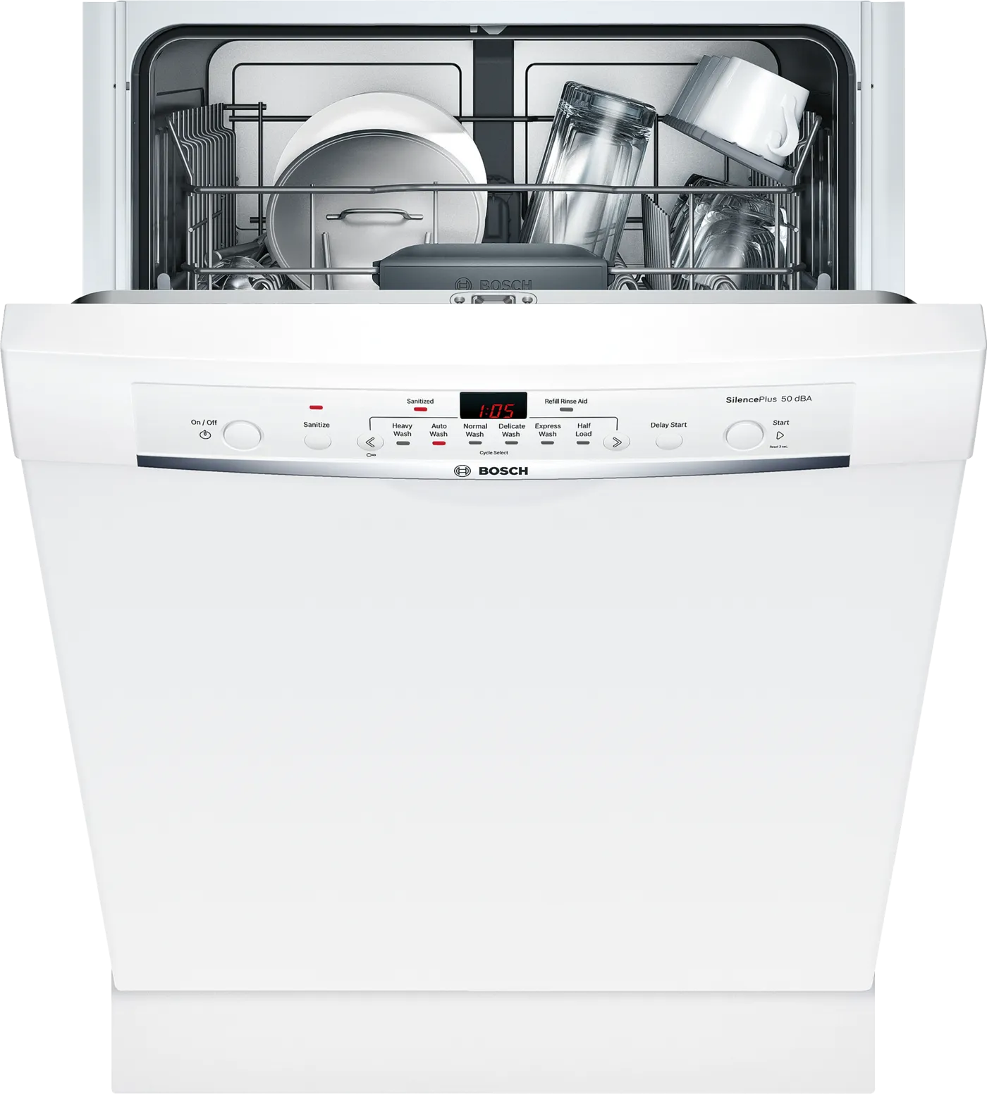 Bosch -SHE3AR72UC - 100 Series 24 Inch Full Console Built-In Dishwasher with 14 Place Settings, 6 Wash Cycles, 50 dBA