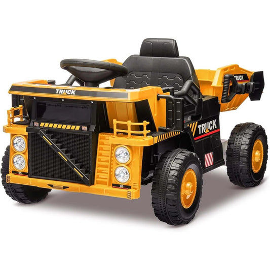 LumiParty - Ride On Dump Truck Ride On Car Toy,12V Ride On Construction Vehicle with Remote Control, Electric Dump Bed, Shovel, Music Player, High and Low Speed and Four-Wheel Shock Absorption