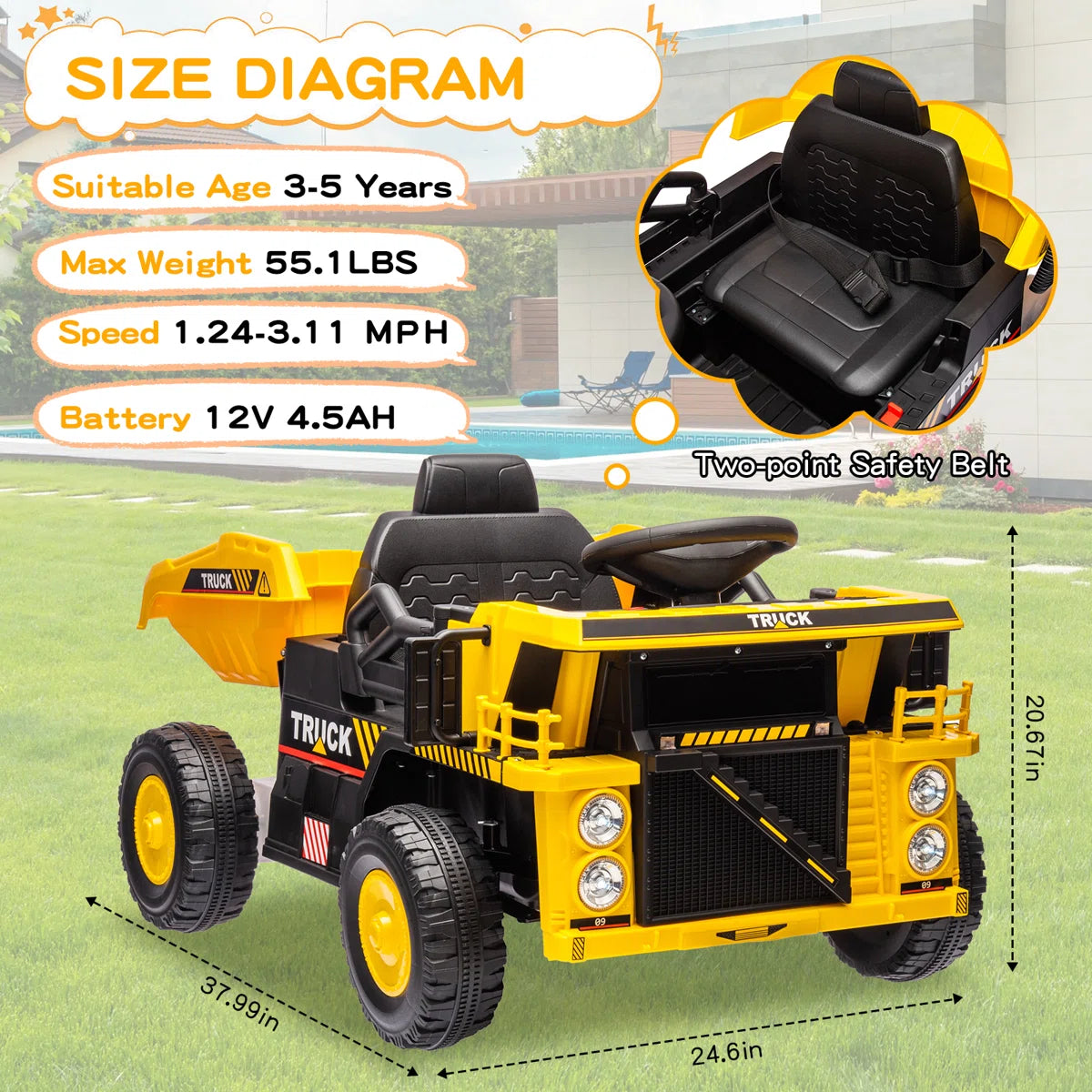 LumiParty - Ride On Dump Truck Ride On Car Toy,12V Ride On Construction Vehicle with Remote Control, Electric Dump Bed, Shovel, Music Player, High and Low Speed and Four-Wheel Shock Absorption