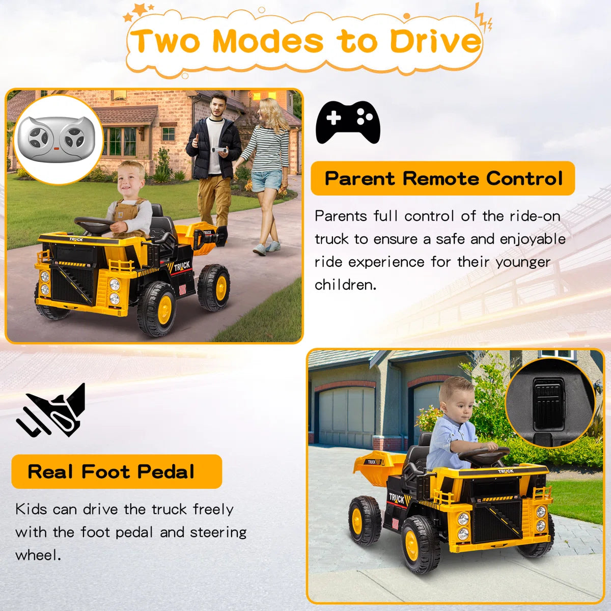 LumiParty - Ride On Dump Truck Ride On Car Toy,12V Ride On Construction Vehicle with Remote Control, Electric Dump Bed, Shovel, Music Player, High and Low Speed and Four-Wheel Shock Absorption