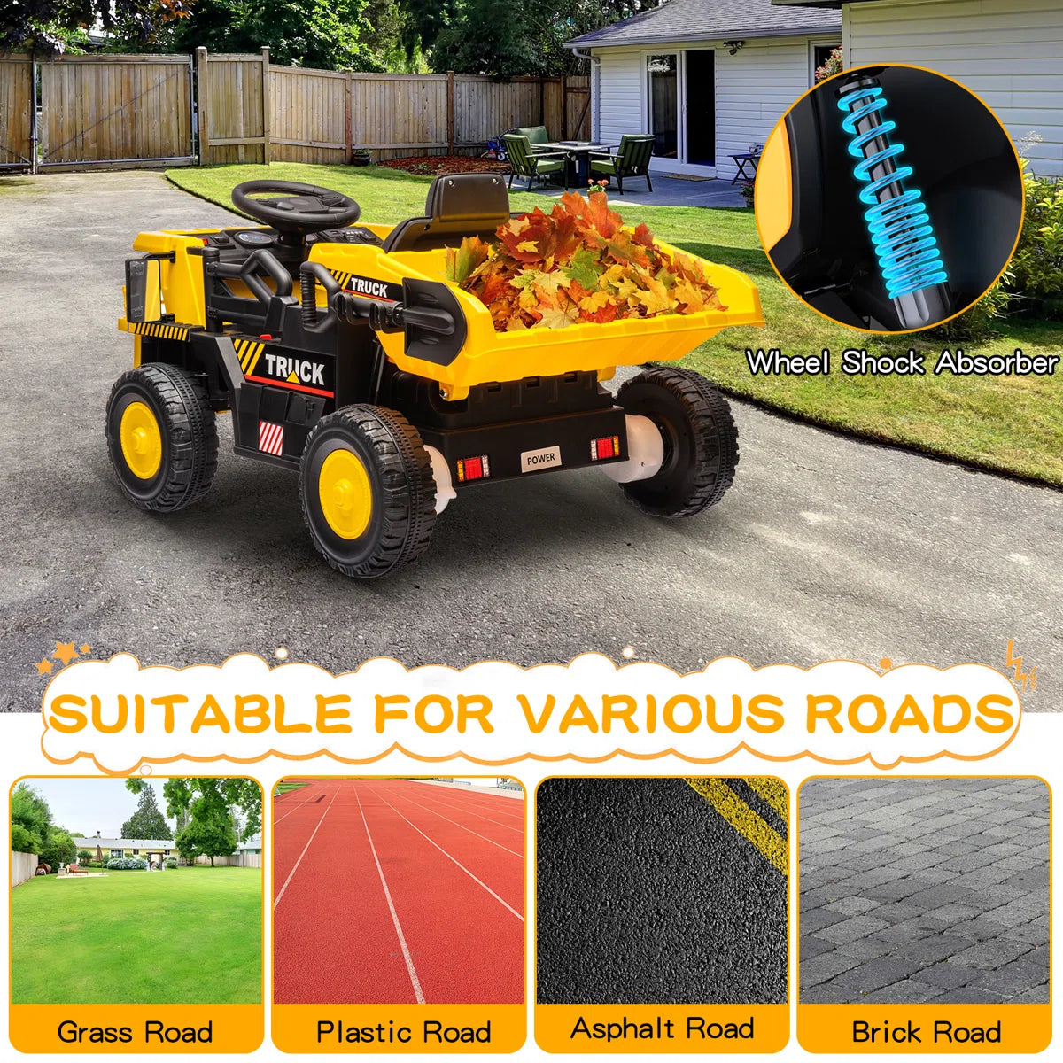 LumiParty - Ride On Dump Truck Ride On Car Toy,12V Ride On Construction Vehicle with Remote Control, Electric Dump Bed, Shovel, Music Player, High and Low Speed and Four-Wheel Shock Absorption